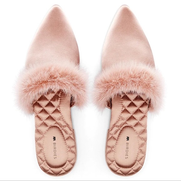 Birdies Shoes - Birdies Dove Satin Pointy Toe Faux Fur Mules